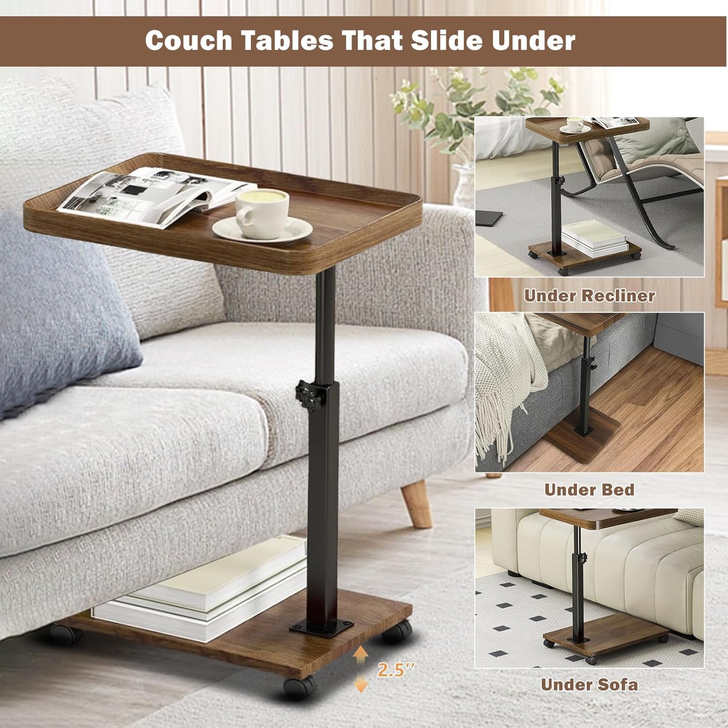 Adjustable Rolling Cart Multi-Purpose Table Tray