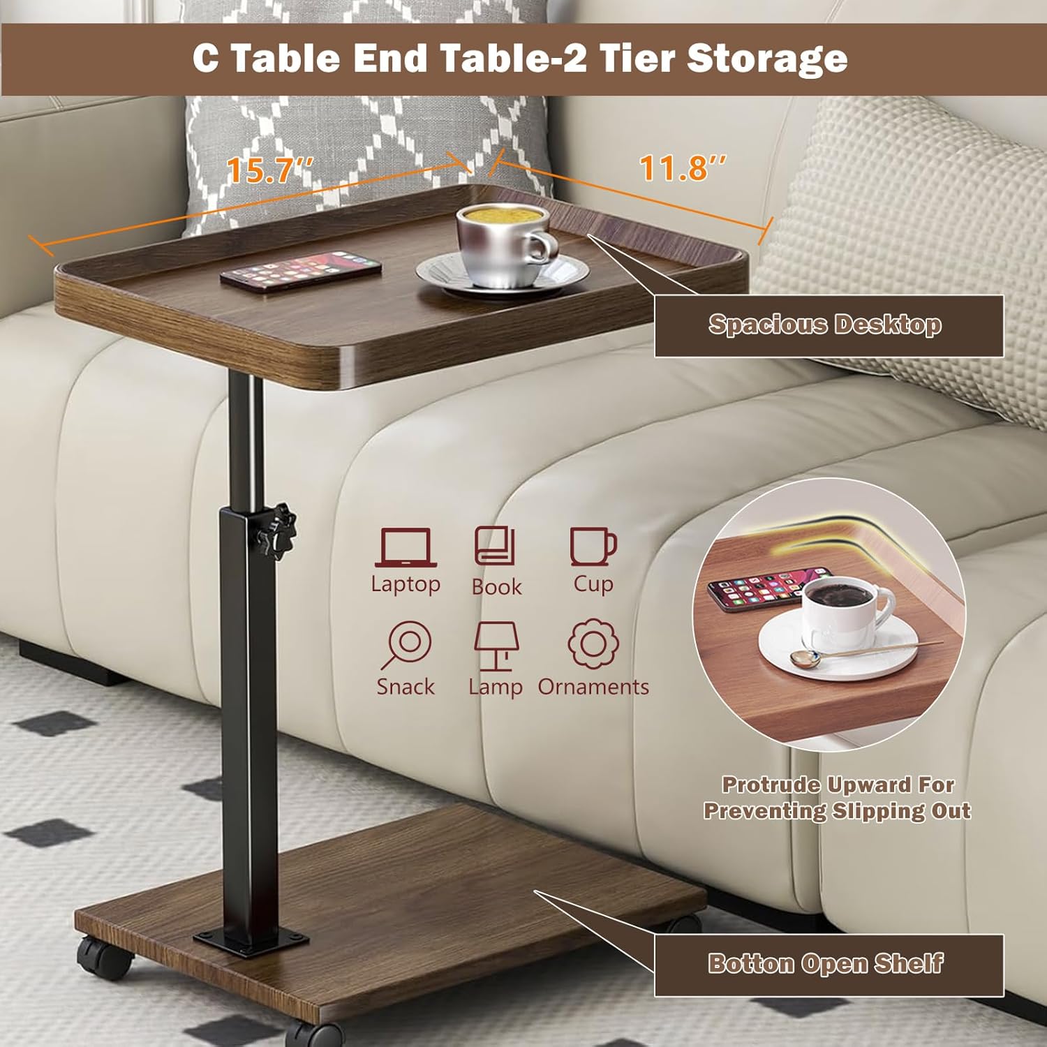 Adjustable Rolling Cart Multi-Purpose Table Tray