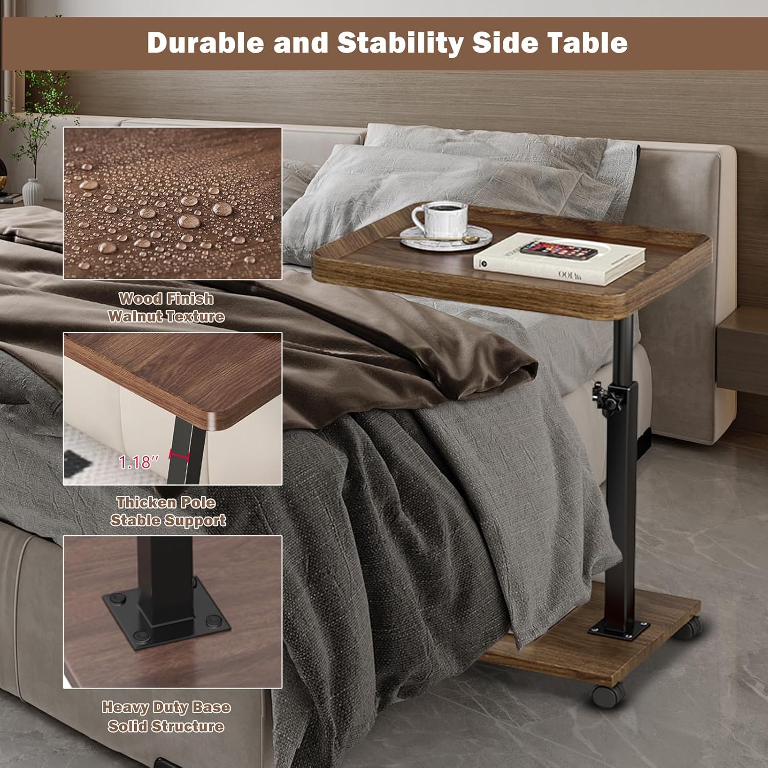 Adjustable Rolling Cart Multi-Purpose Table Tray
