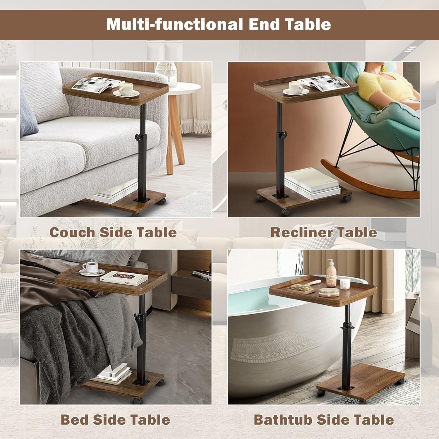 Adjustable Rolling Cart Multi-Purpose Table Tray