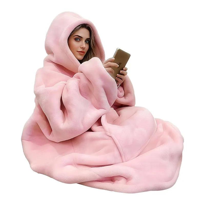 Adults Oversized Fleece Hooded Blanket with Sleeves and Pockets