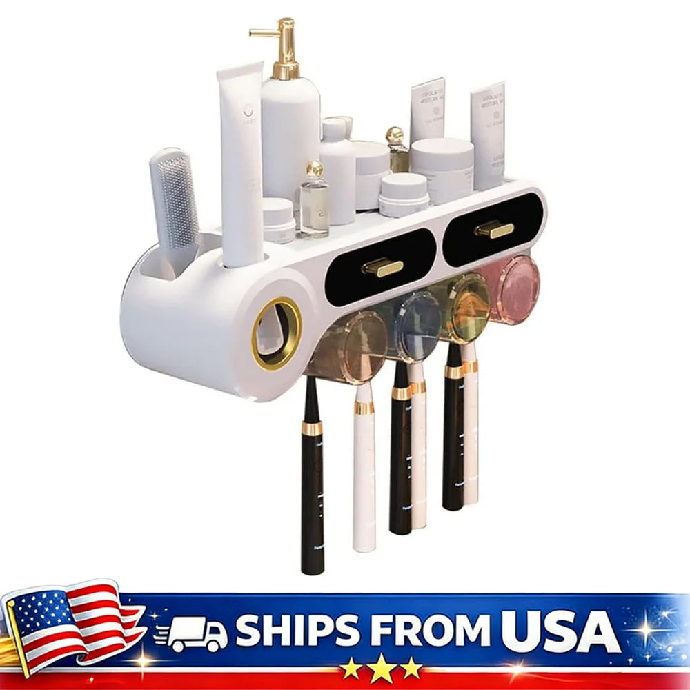 Wall Mounted Toothbrush Holder with Automatic Toothpaste Dispenser & Drawer