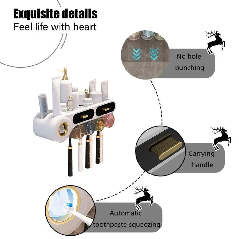 Wall Mounted Toothbrush Holder with Automatic Toothpaste Dispenser & Drawer
