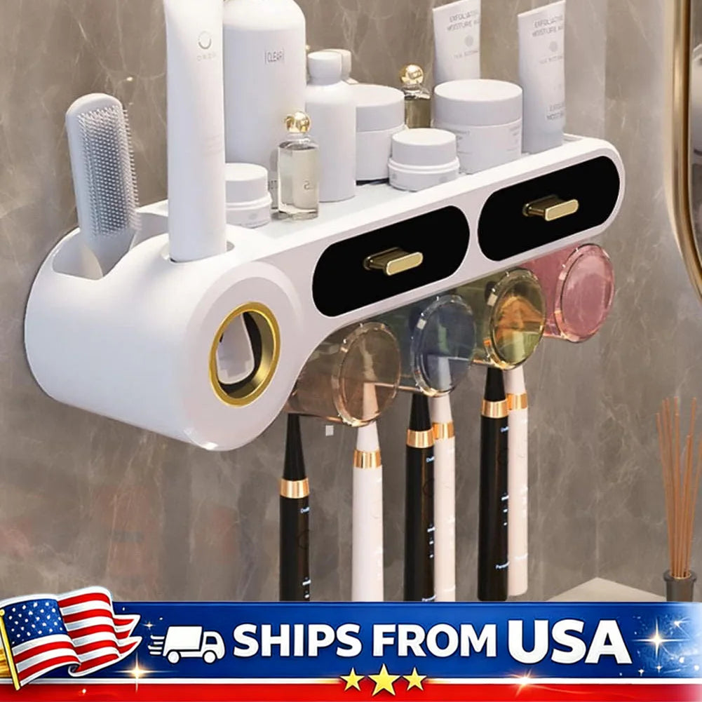 Wall Mounted Toothbrush Holder with Automatic Toothpaste Dispenser & Drawer