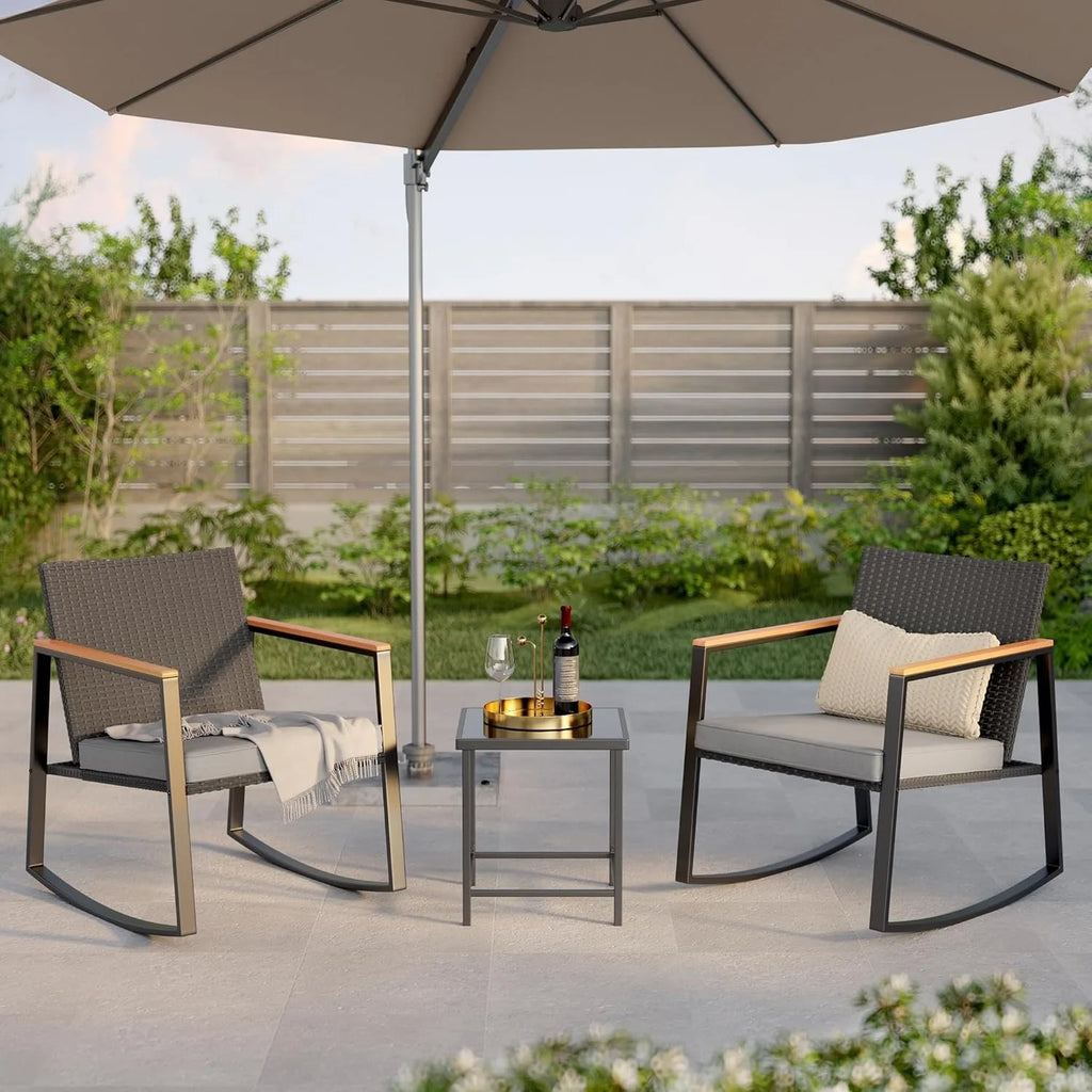 3 Pieces Rocking Patio Bistro Set with Anti-Scald Armrest, Outdoor Patio Wicker Furniture Set with Glass Table and Cushion