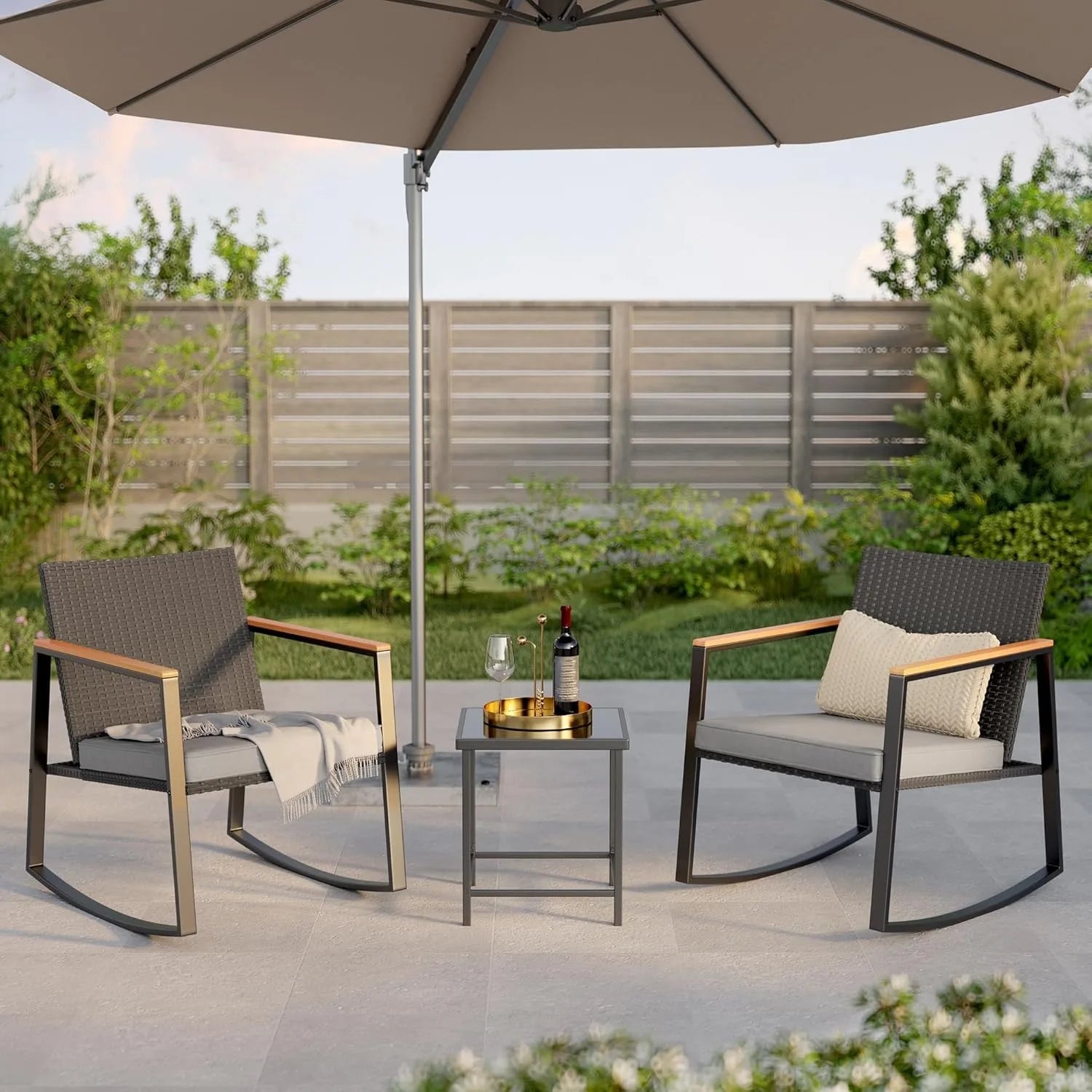 3 Pieces Rocking Patio Bistro Set with Anti-Scald Armrest, Outdoor Patio Wicker Furniture Set with Glass Table and Cushion