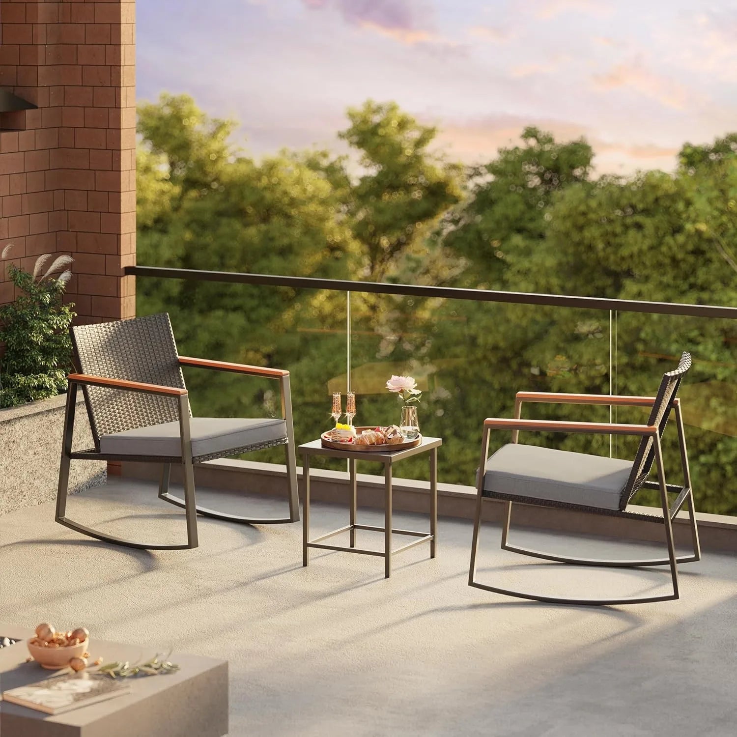 3 Pieces Rocking Patio Bistro Set with Anti-Scald Armrest, Outdoor Patio Wicker Furniture Set with Glass Table and Cushion