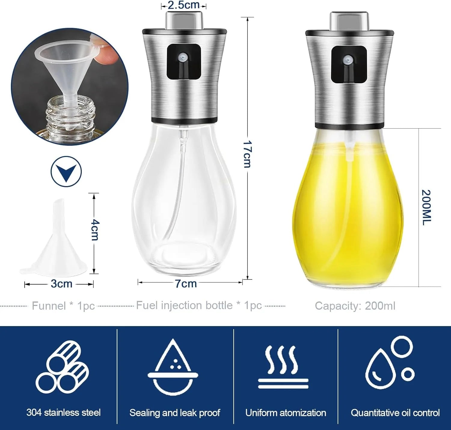 Cooking Oil Spray Bottle Fine Mist Sprayer For Your Favorite Cooking or Salad Oil With Stainless Steel Dispenser