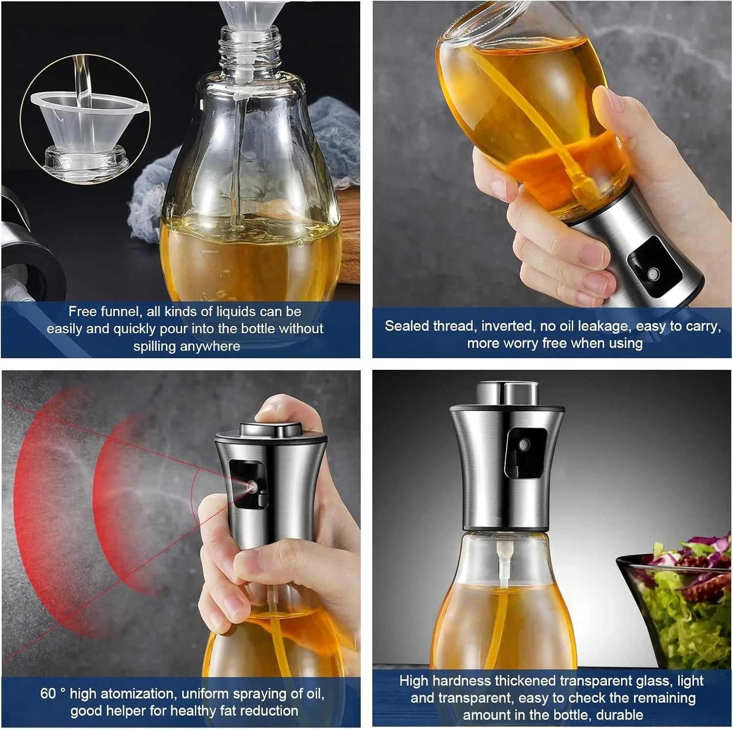 Cooking Oil Spray Bottle Fine Mist Sprayer For Your Favorite Cooking or Salad Oil With Stainless Steel Dispenser