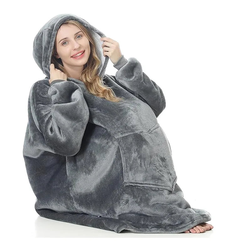 Adults Oversized Fleece Hooded Blanket with Sleeves and Pockets