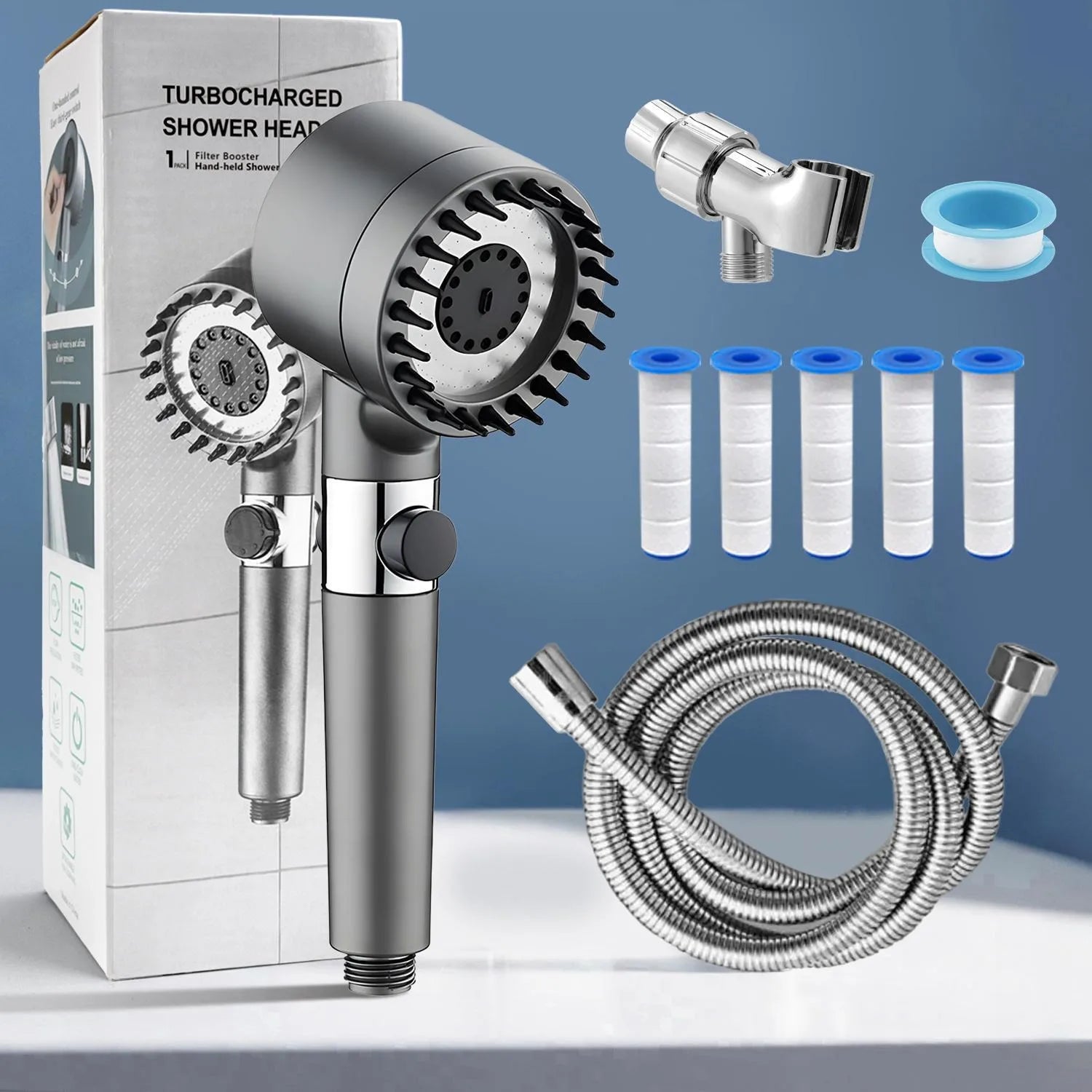 High Pressure 5 Filters(Included) Shower Head with Handheld 3 Spray Modes Anti Clog Nozzles and Detachable Hose