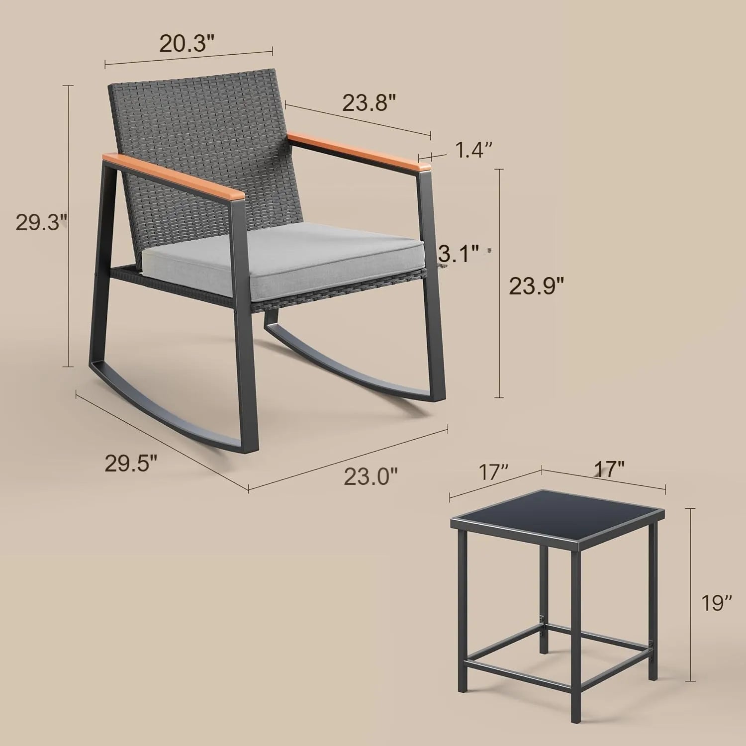 3 Pieces Rocking Patio Bistro Set with Anti-Scald Armrest, Outdoor Patio Wicker Furniture Set with Glass Table and Cushion