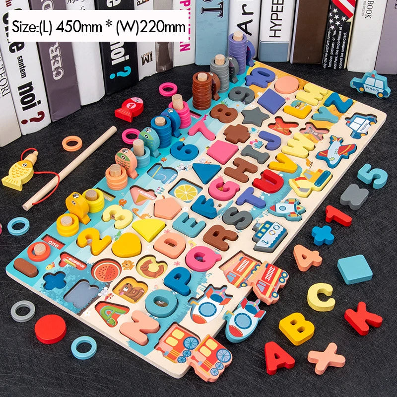 Educational Wooden Puzzle Math Toys For Toddlers With Fishing Pegs