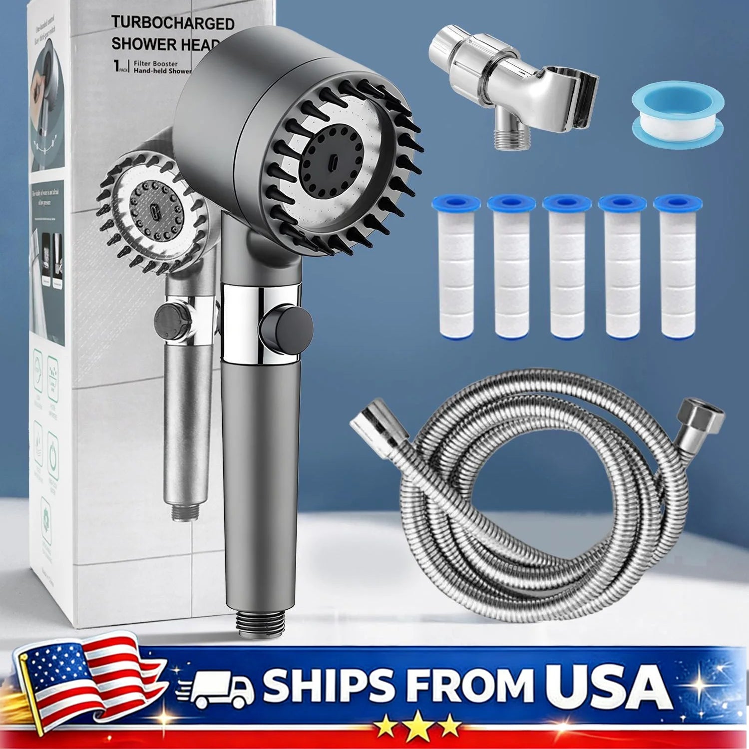 High Pressure 5 Filters(Included) Shower Head with Handheld 3 Spray Modes Anti Clog Nozzles and Detachable Hose