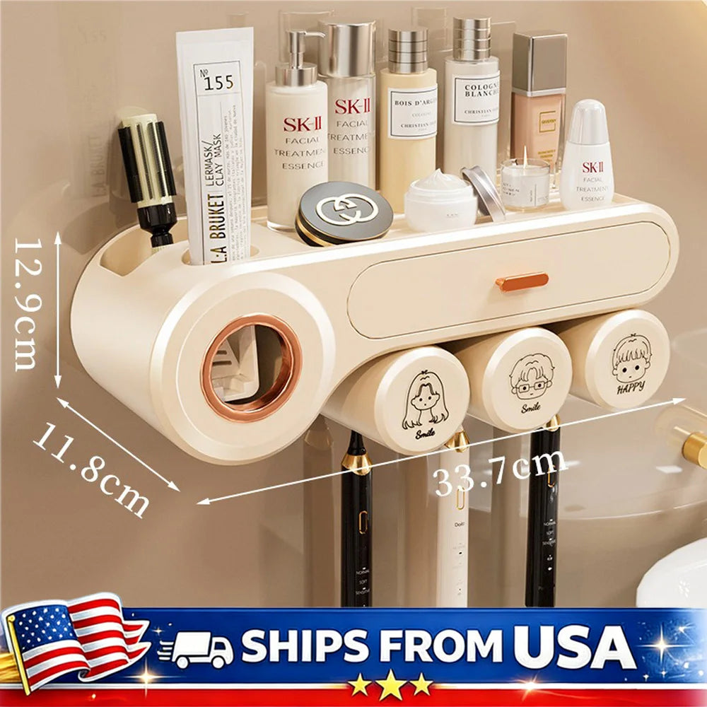 Wall Mounted Toothbrush Holder with Automatic Toothpaste Dispenser & Drawer