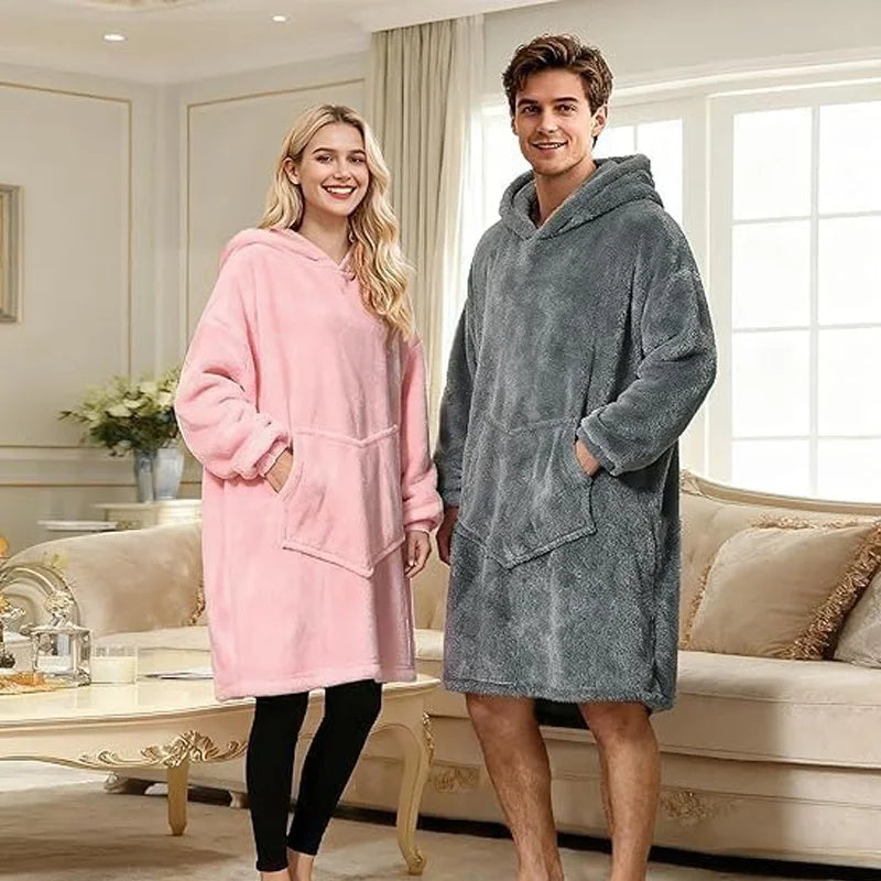 Adults Oversized Fleece Hooded Blanket with Sleeves and Pockets