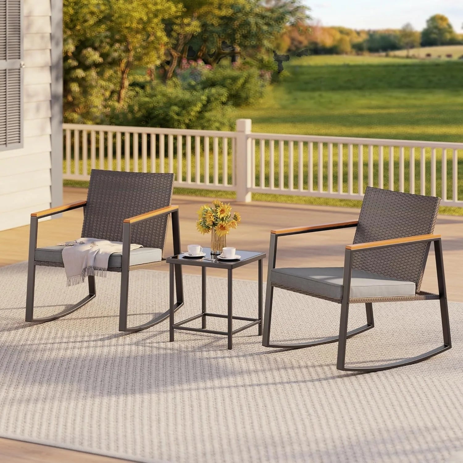 3 Pieces Rocking Patio Bistro Set with Anti-Scald Armrest, Outdoor Patio Wicker Furniture Set with Glass Table and Cushion
