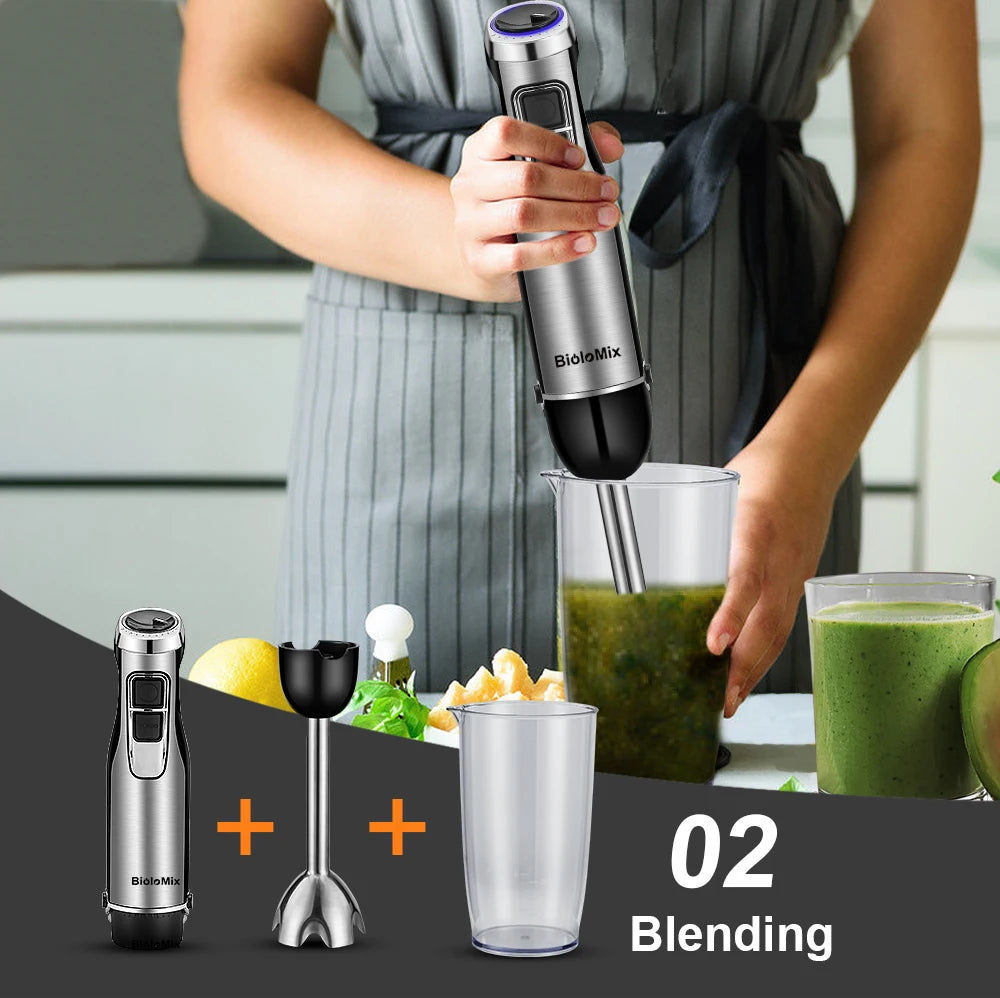 BioloMix 4 in 1 High Power Hand Immersion Stick With Chopper & Smoothie Cup & Stainless Steel Ice Blades