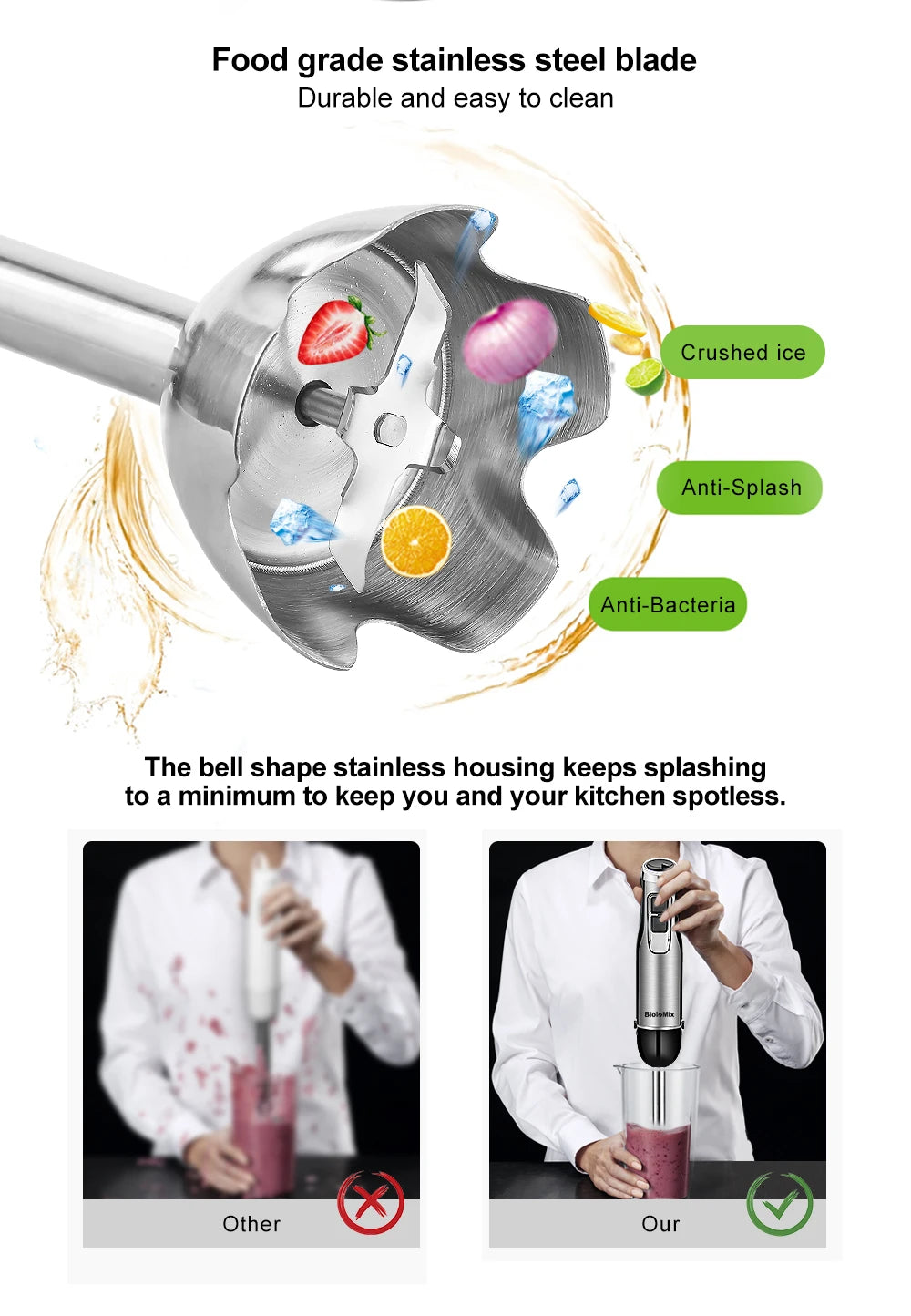 BioloMix 4 in 1 High Power Hand Immersion Stick With Chopper & Smoothie Cup & Stainless Steel Ice Blades