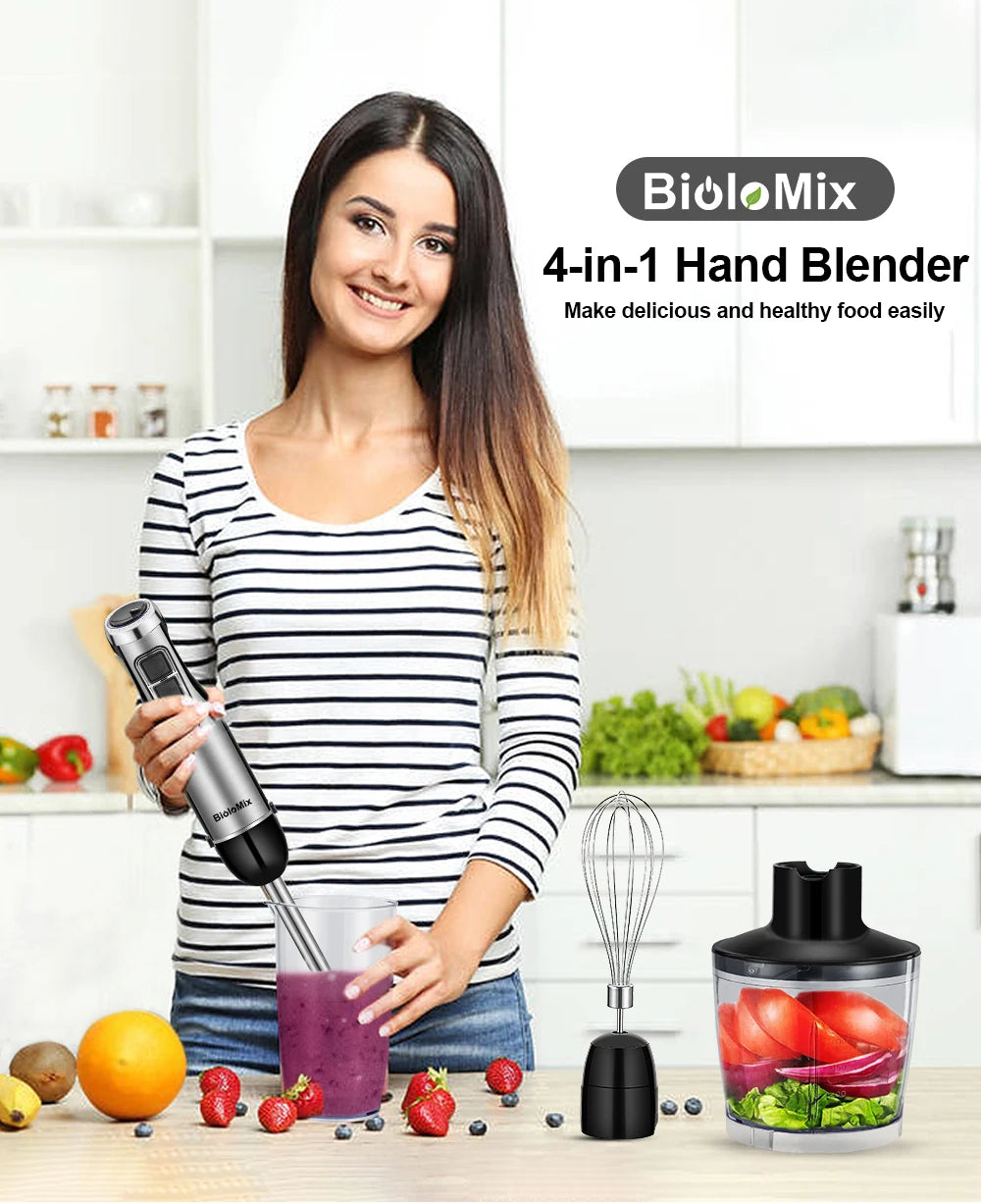 BioloMix 4 in 1 High Power Hand Immersion Stick With Chopper & Smoothie Cup & Stainless Steel Ice Blades