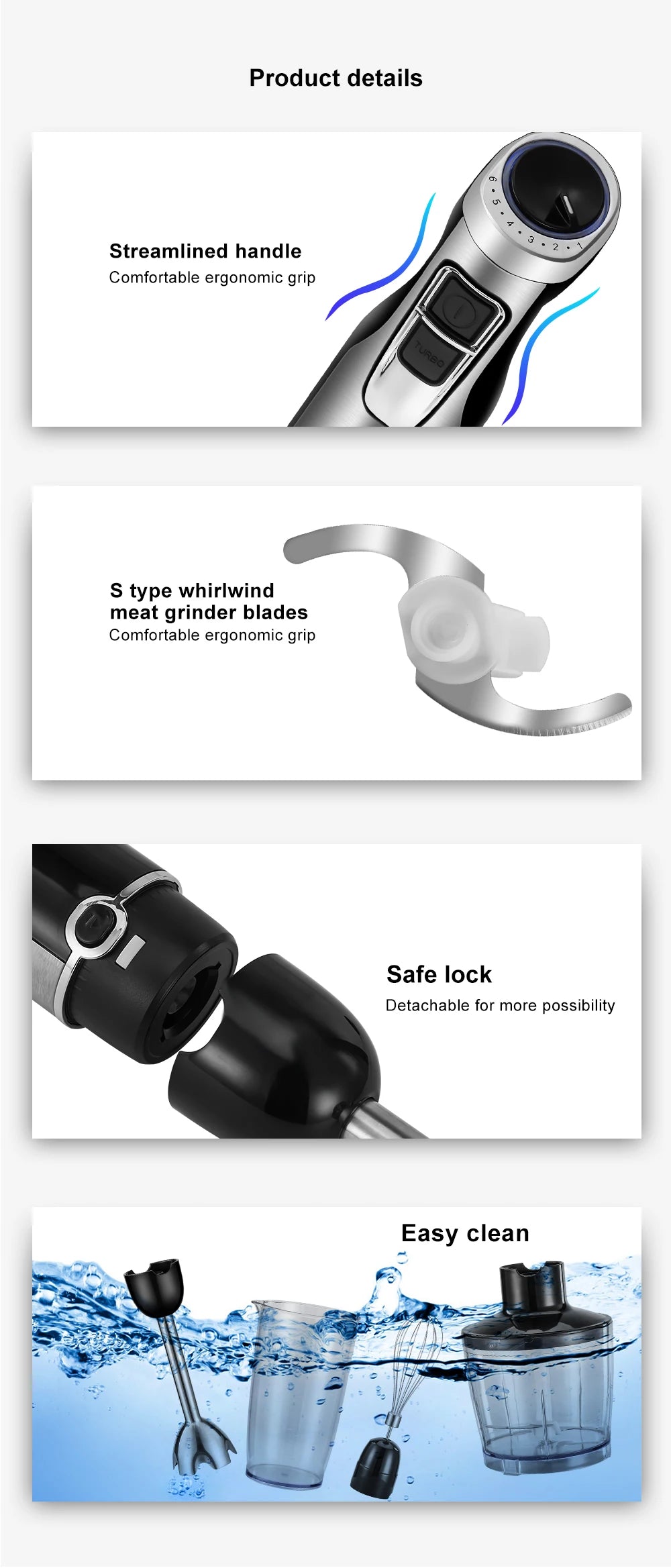 BioloMix 4 in 1 High Power Hand Immersion Stick With Chopper & Smoothie Cup & Stainless Steel Ice Blades