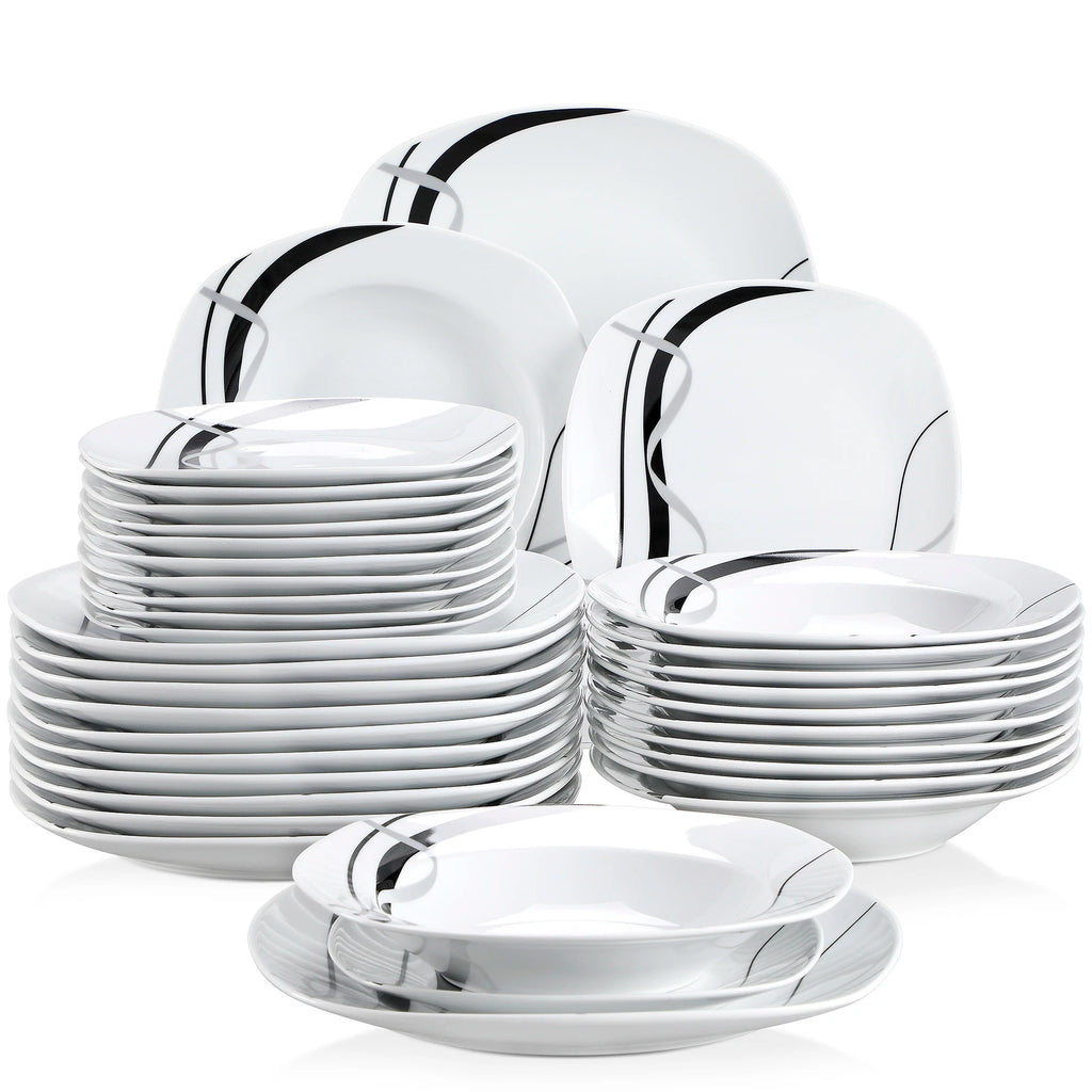 18/36-Piece Porcelain Ceramic Black Line Kitchen Tableware Dish Set with Dinner, Dessert, and Soup Bowl