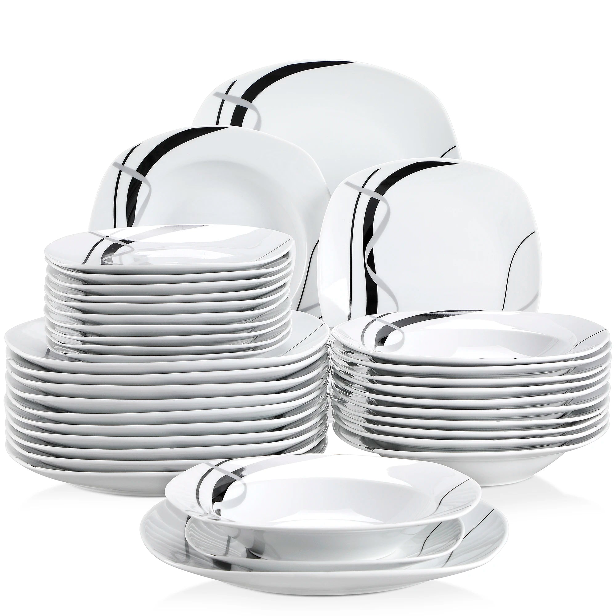 18/36-Piece Porcelain Ceramic Black Line Kitchen Tableware Dish Set with Dinner, Dessert, and Soup Bowl