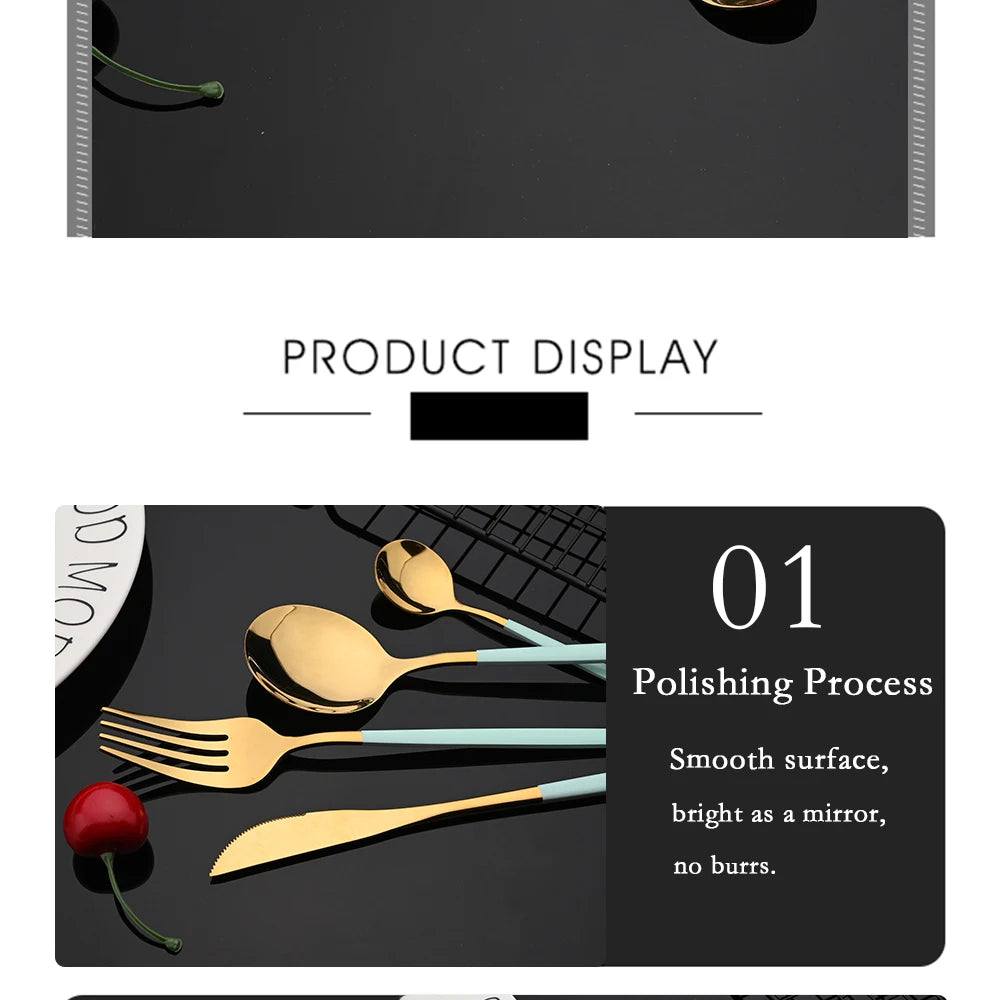 30Pcs Stainless Steel Dinner Black Gold Tableware Set