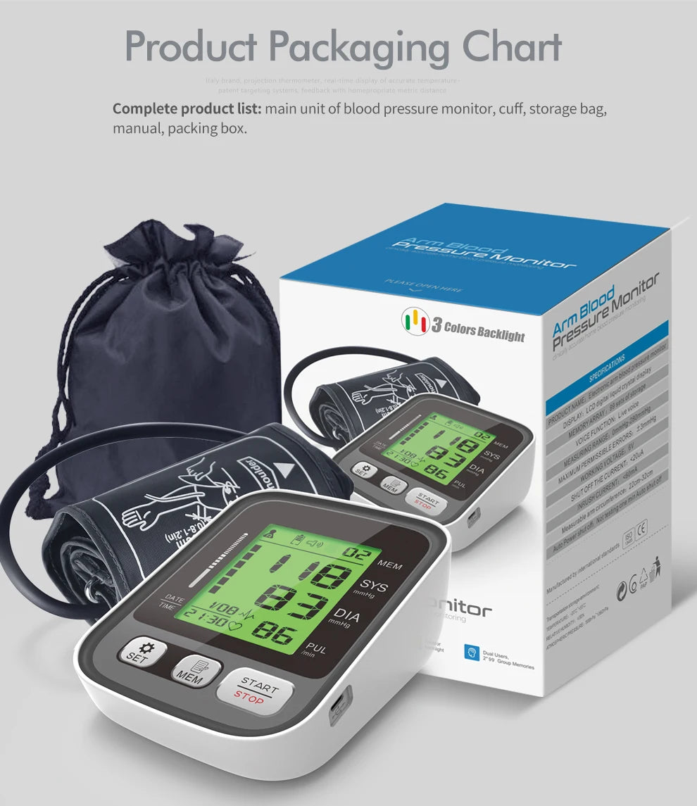 Easy-Use Automatic Upper Arm Blood Pressure Meter - Home Sphygmomanometer for Arterial Pressure Check