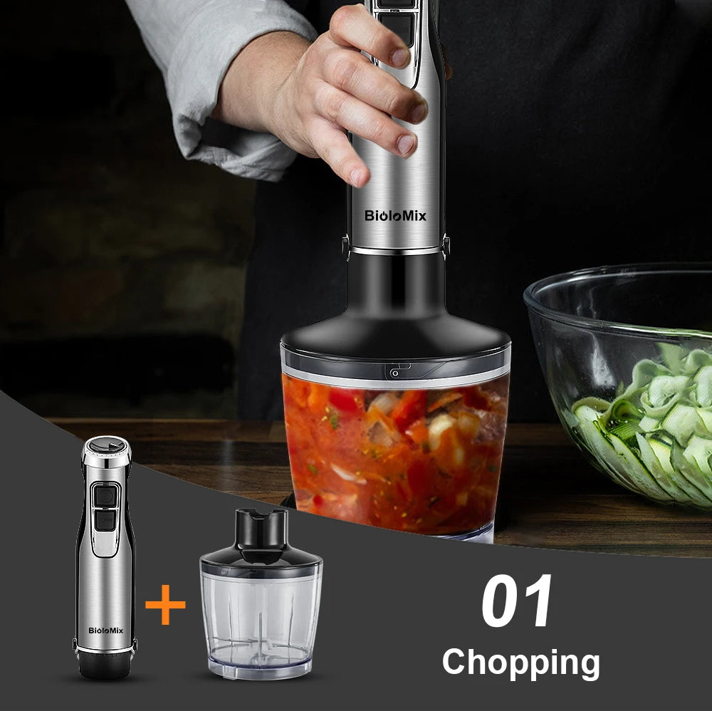 BioloMix 4 in 1 High Power Hand Immersion Stick With Chopper & Smoothie Cup & Stainless Steel Ice Blades