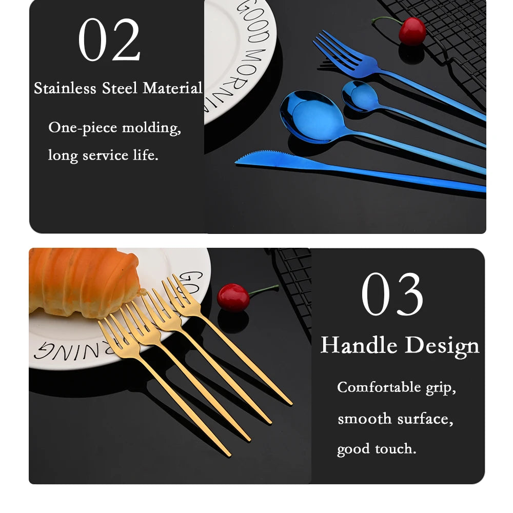 30Pcs Stainless Steel Dinner Black Gold Tableware Set