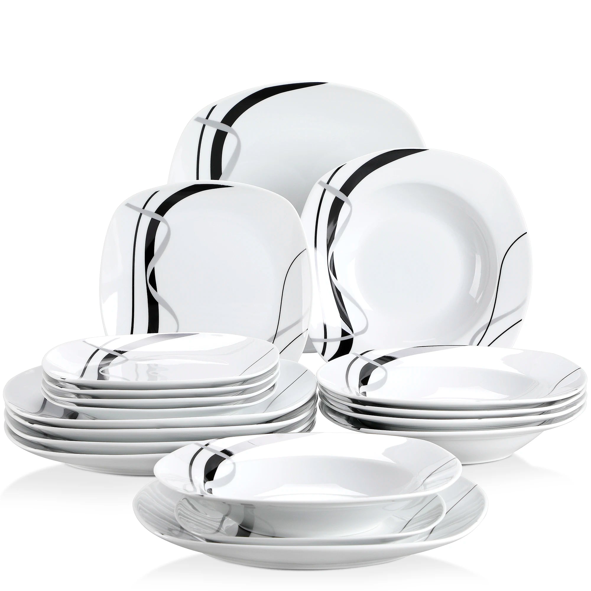 18/36-Piece Porcelain Ceramic Black Line Kitchen Tableware Dish Set with Dinner, Dessert, and Soup Bowl