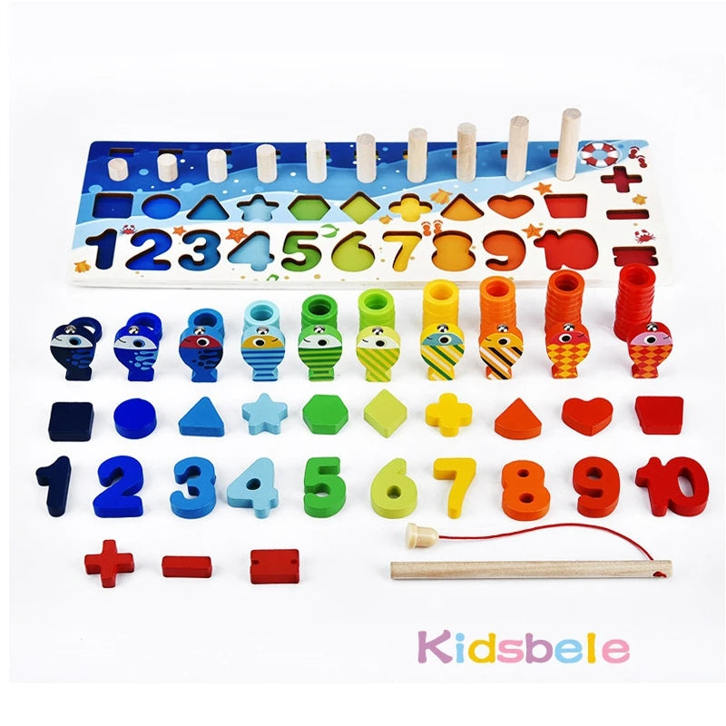 Educational Wooden Puzzle Math Toys For Toddlers With Fishing Pegs