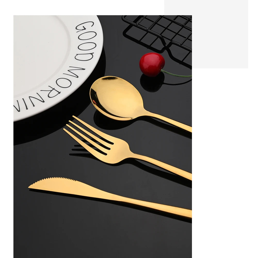30Pcs Stainless Steel Dinner Black Gold Tableware Set