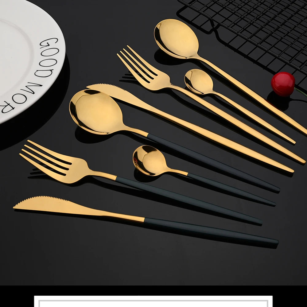 30Pcs Stainless Steel Dinner Black Gold Tableware Set