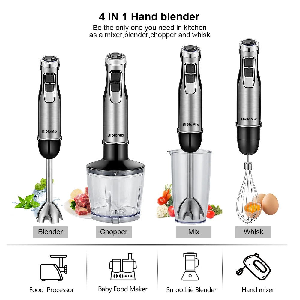 BioloMix 4 in 1 High Power Hand Immersion Stick With Chopper & Smoothie Cup & Stainless Steel Ice Blades