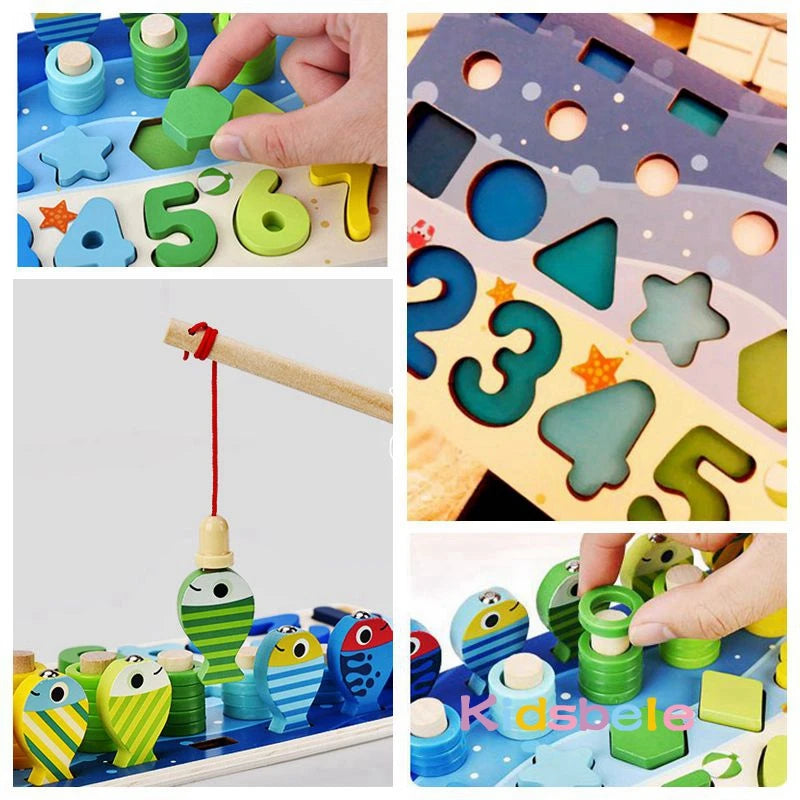 Educational Wooden Puzzle Math Toys For Toddlers With Fishing Pegs