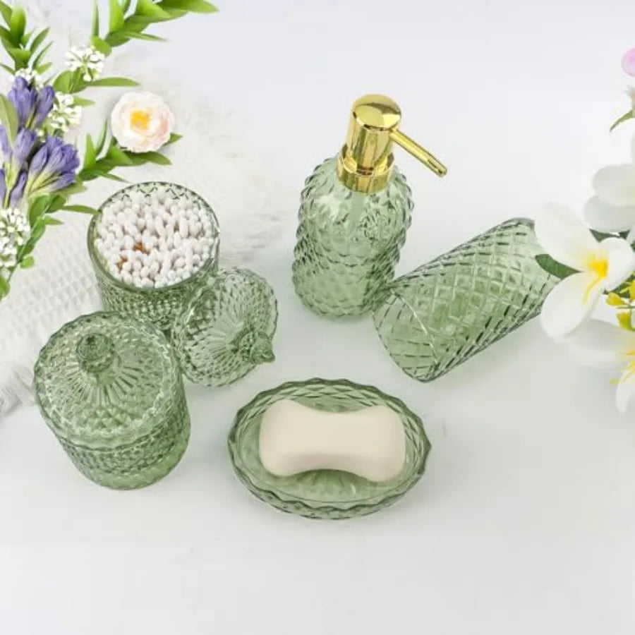 5Pcs Green Vintage Glass Bathroom Accessories Set