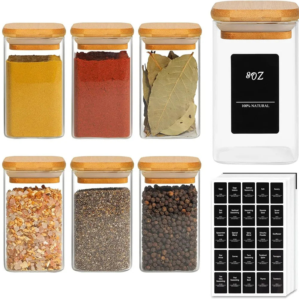 8oz Airtight Favorite Spice Glass Jars with Bamboo Lid & Black Labels