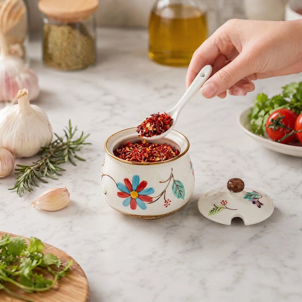3-Piece Ceramic Spice Jar Set with Tray, Hand-Painted Japanese Vintage Seasoning Jars, Large Capacity 330ml Kitchen Storage Containers with Spoons, Non-Slip Base - Lovies Kitchenwares