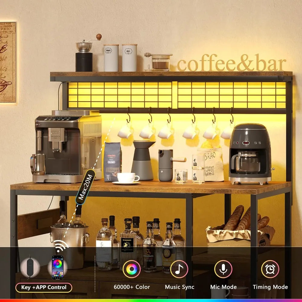 Bakers Rack with Power Outlet and LED Light, Microwave Stand with Storage Cabinet, Coffee Bar Cabinet Station, Customized