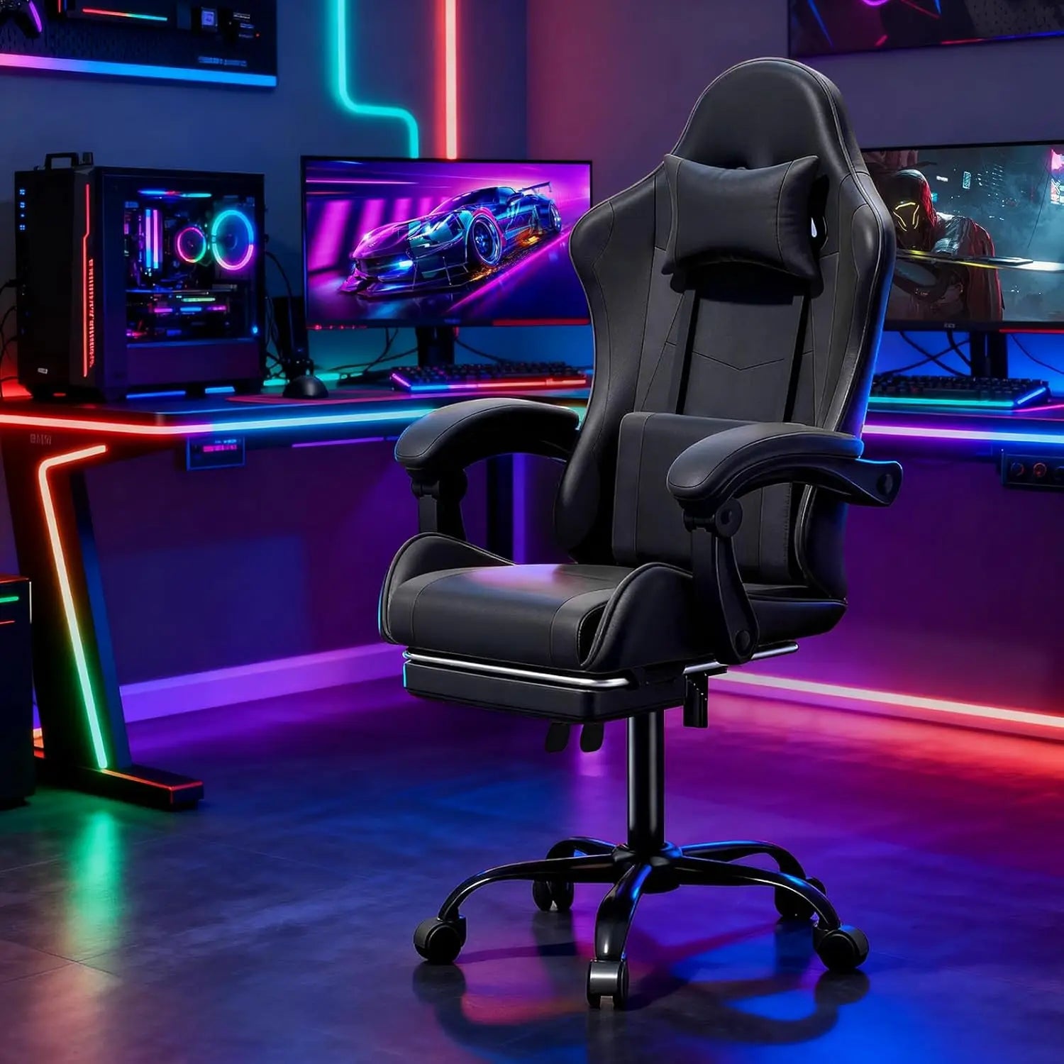 Ergonomic Design Computer Chair with Linkage Armrests, Height Adjustable Gamer Chair with Footrest and Headrest