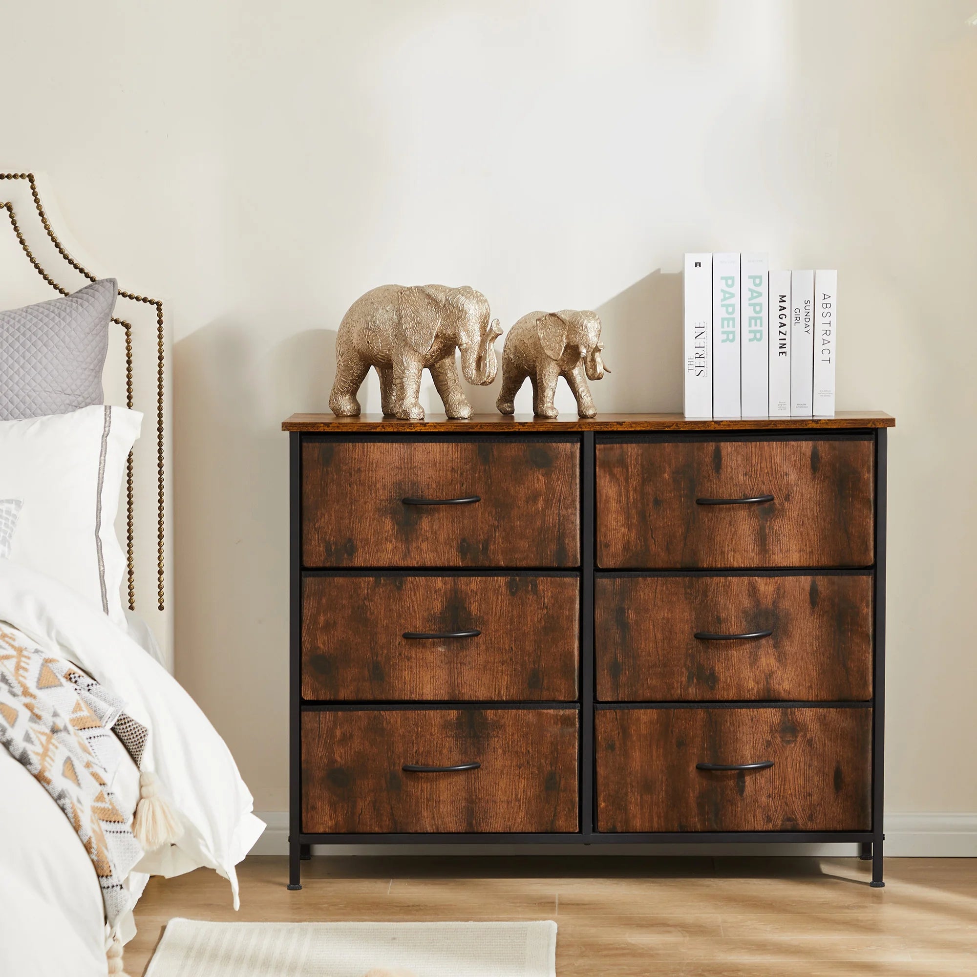 Nightstand 6 Fabric Drawers Dresser Storage Cabinet Furniture