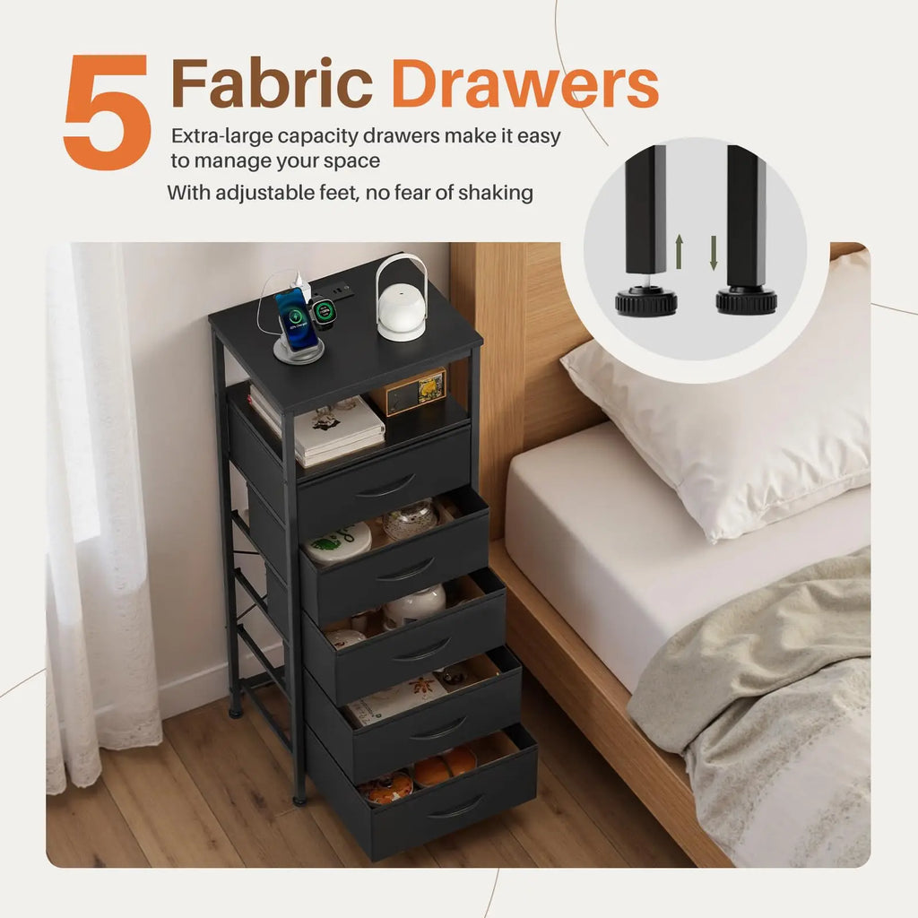 5 Fabric Dresser Drawer with Charging Station and Outlets