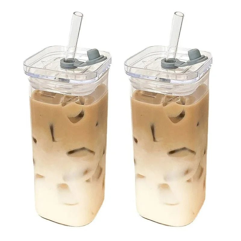 1 or 2 Pcs Transparent Square Heat-Resistant Drink Glass Cup With Lid and Straw - Lovies Kitchenwares
