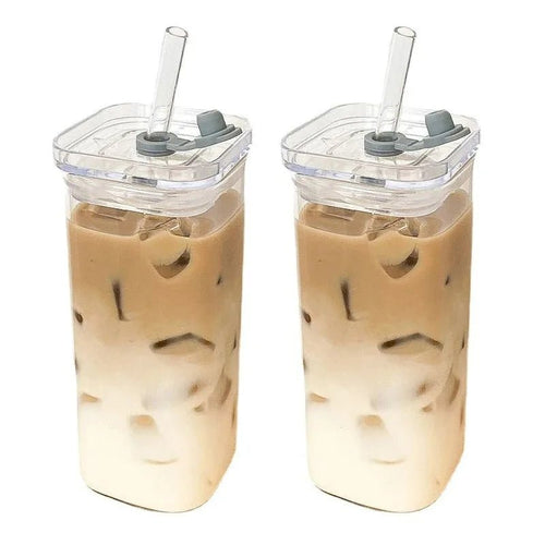 1 or 2 Pcs Transparent Square Heat-Resistant Drink Glass Cup With Lid and Straw - Lovies Kitchenwares