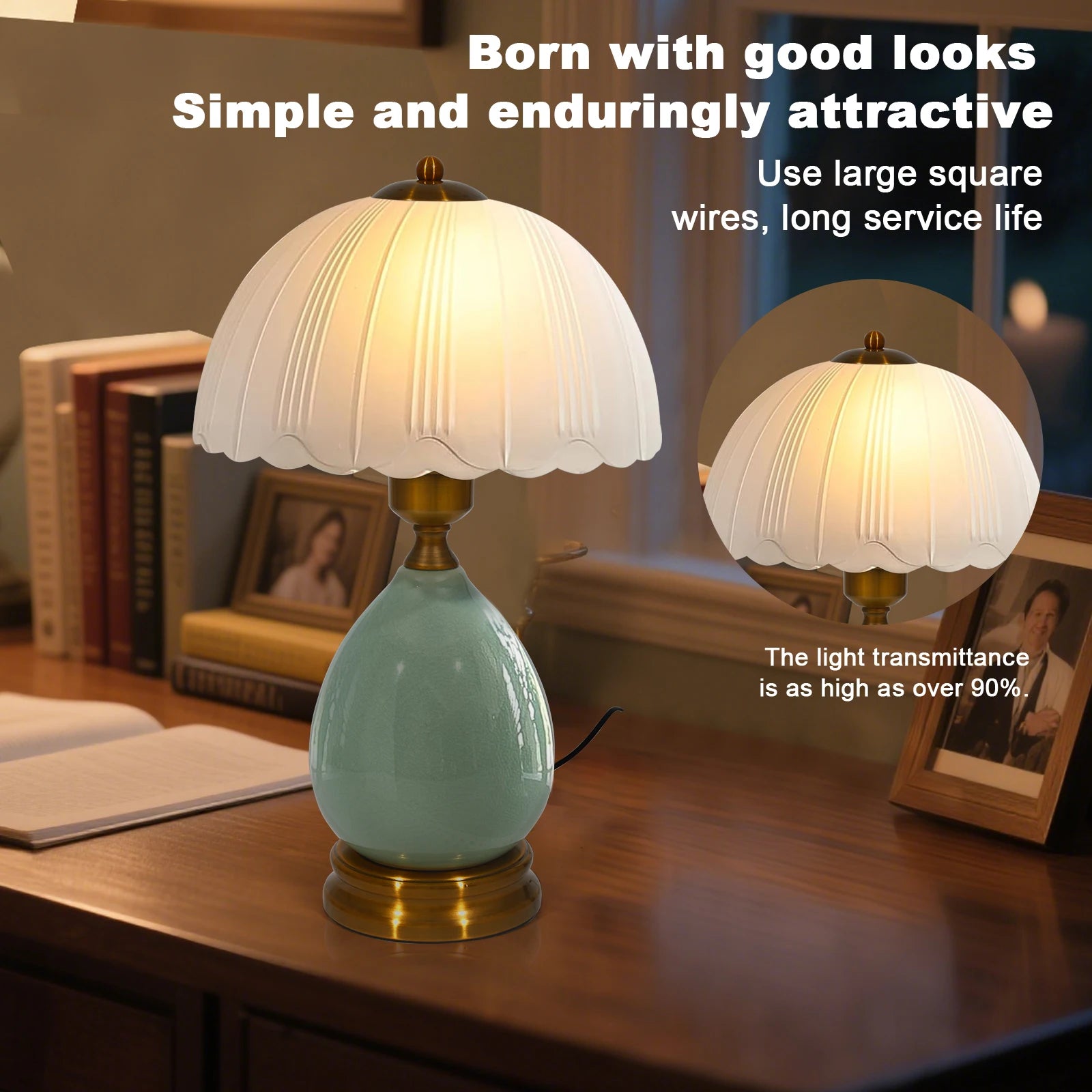 16" 3-Color Dimmable LED Vintage Green Ceramic Table Lamp