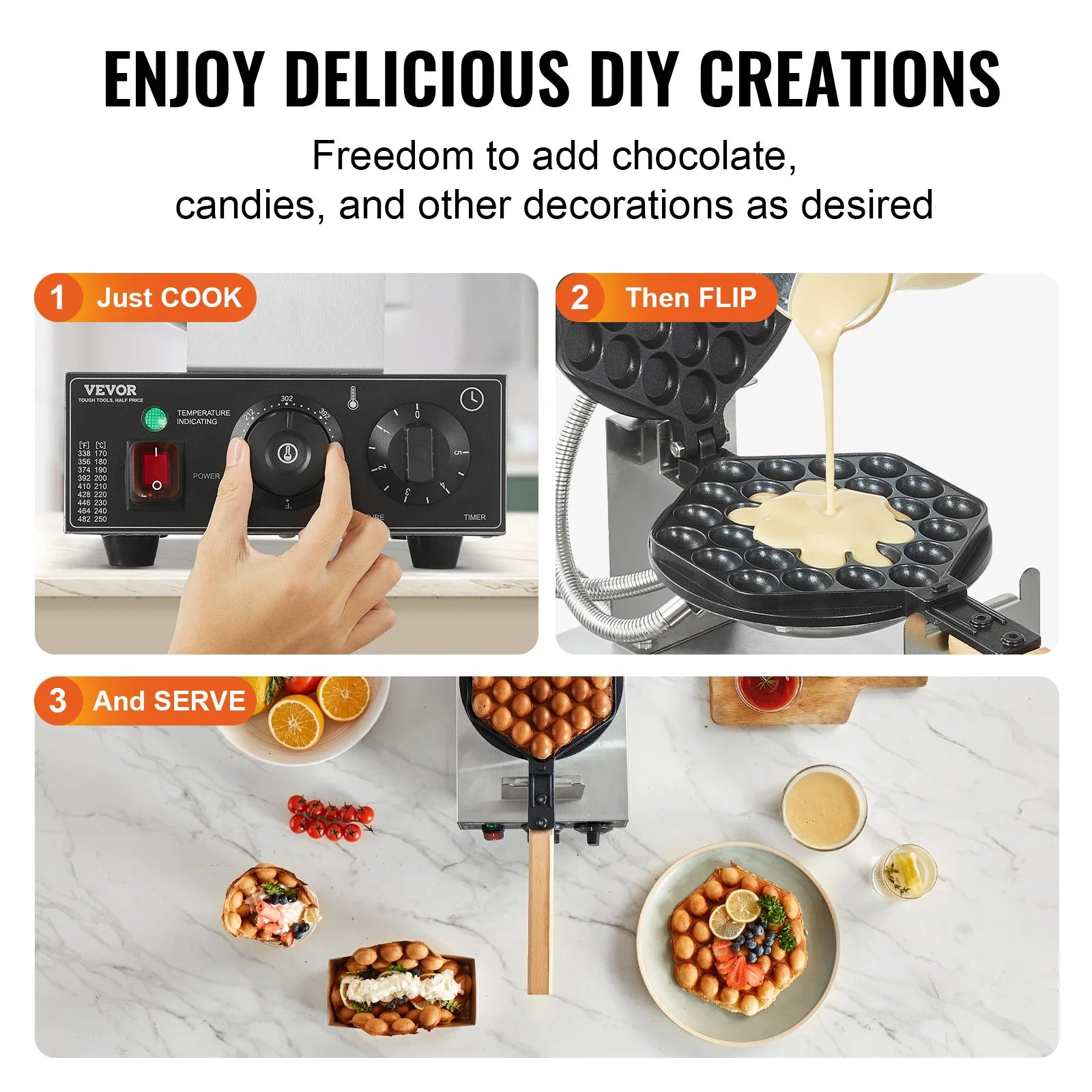 Commercial Egg Bubble Waffle Maker 1400W Non-Stick Stainless Steel w/180° Rotatable 2 Pans & Wooden Handles