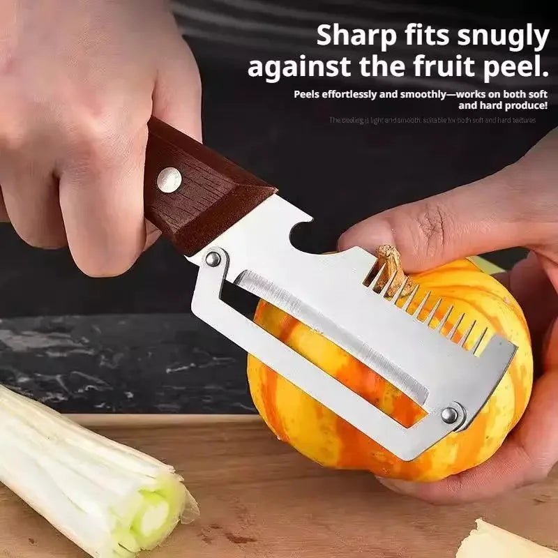 3-in-1 Stainless Steel Vegetable Peeler Knife With Wooden Handle And Bottle Opener Kitchen Tool - Lovies Kitchenwares