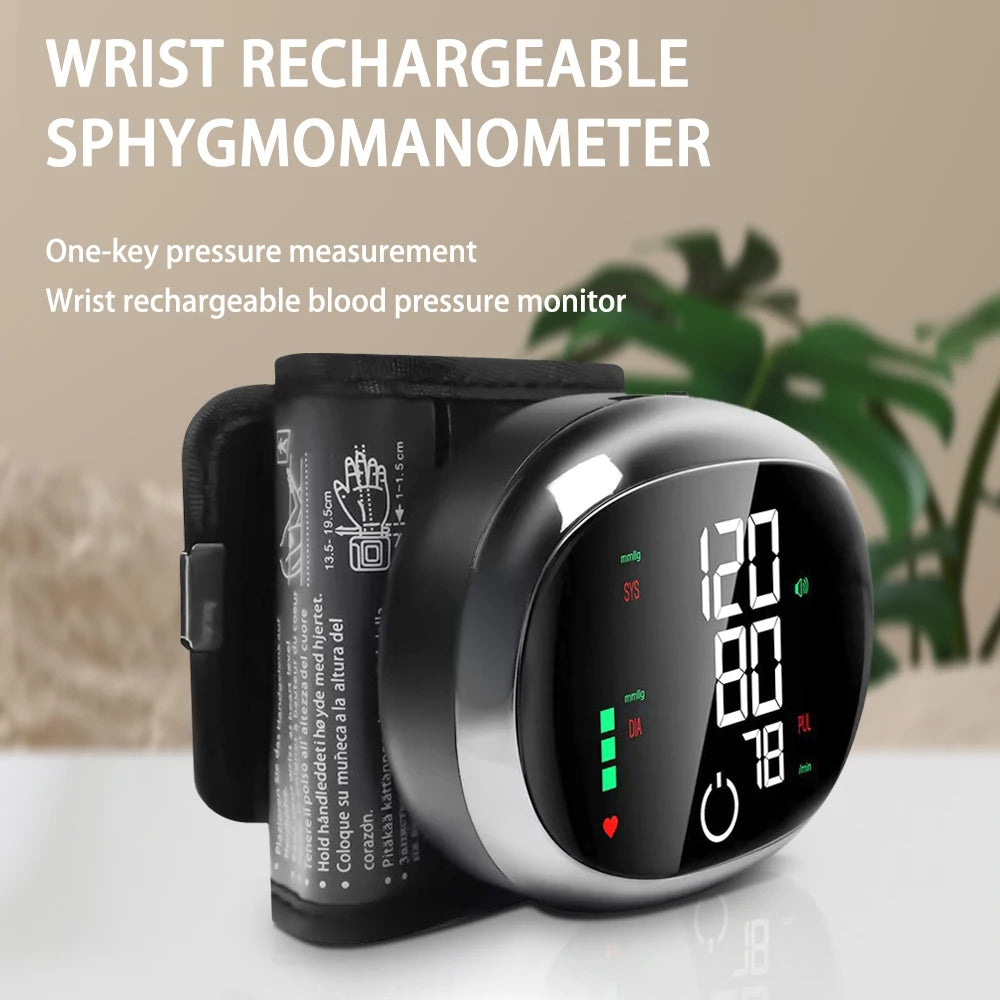 Digital Wrist Blood Pressure Meter Automatic Voice Tonometer Heart Rate Monitor Smart Touch LCD Screen Charge Sphygmomanometer